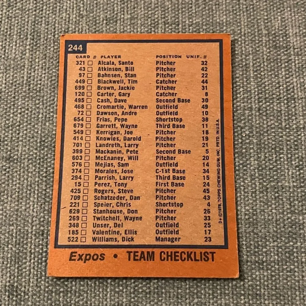 1978 Topps Montreal Expos Baseball Card Trading Card